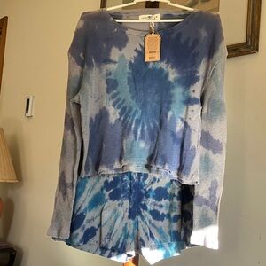 Blue Tie-Dye Long Sleeve Top and Shorts Set